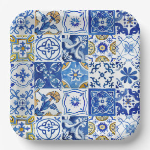 Assiettes En Carton Motif méditerranéen bleu, blanc et jaune