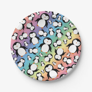 Assiettes En Carton Motif mignon de pingouin d'arc-en-ciel