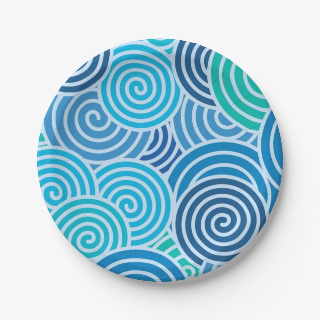Assiettes En Carton Motif moderne à spirale bleue (Devant)