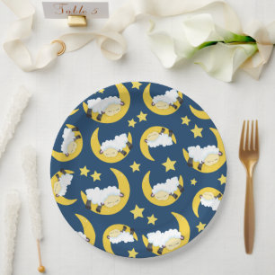 Assiettes En Carton Motif mouton, Mouton couché, Lune, Étoiles