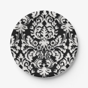 Assiettes En Carton Motif noir et blanc de damassé
