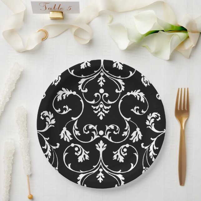 Assiettes En Carton Motif noir et blanc ornemental (Mariage)