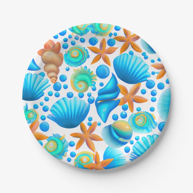 Assiettes En Carton Motif océanique de coquillages et de sébastes (Devant)