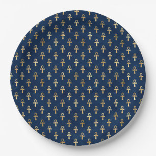 Assiettes En Carton Motif or et bleu égyptien Ankh