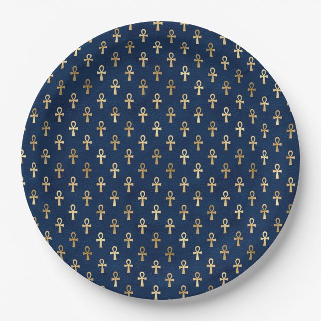 Assiettes En Carton Motif or et bleu égyptien Ankh (Devant)