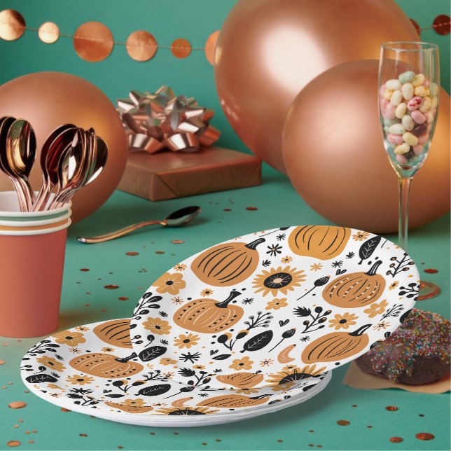 Assiettes En Carton Motif Orange Citrouille Thanksgiving Dîner (Multi)