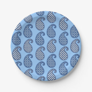 Assiettes En Carton Motif Paisley, bleu ciel, marine et blanc
