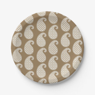 Assiettes En Carton Motif Paisley, taupe tan et blanc