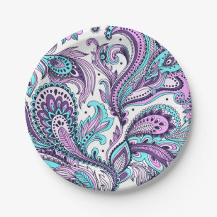 Assiettes En Carton Motif Paisley Violet et Aqua Joliment