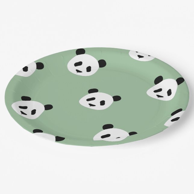Assiettes En Carton Motif Panda Minimaliste - Vert Sage (Angle)