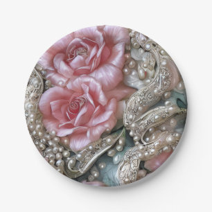 Assiettes En Carton Motif Perles vintages et roses roses roses