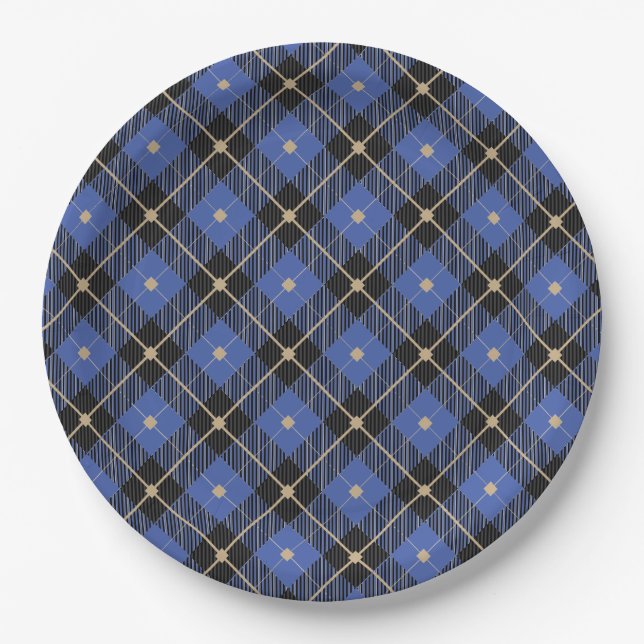 Assiettes En Carton Motif plaid Black Blue tendance (Devant)