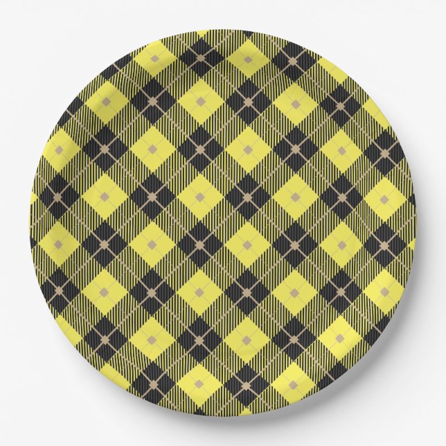 Assiettes En Carton Motif plaid tendance noir Jaune (Devant)