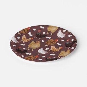 Assiettes En Carton Motif Poulet Brun et Œufs