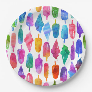 Assiettes En Carton Motif Rainbow Watercolor Crème glacée Ice Pops
