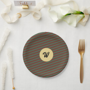Assiettes En Carton motif rayé vert et rouge monogrammé