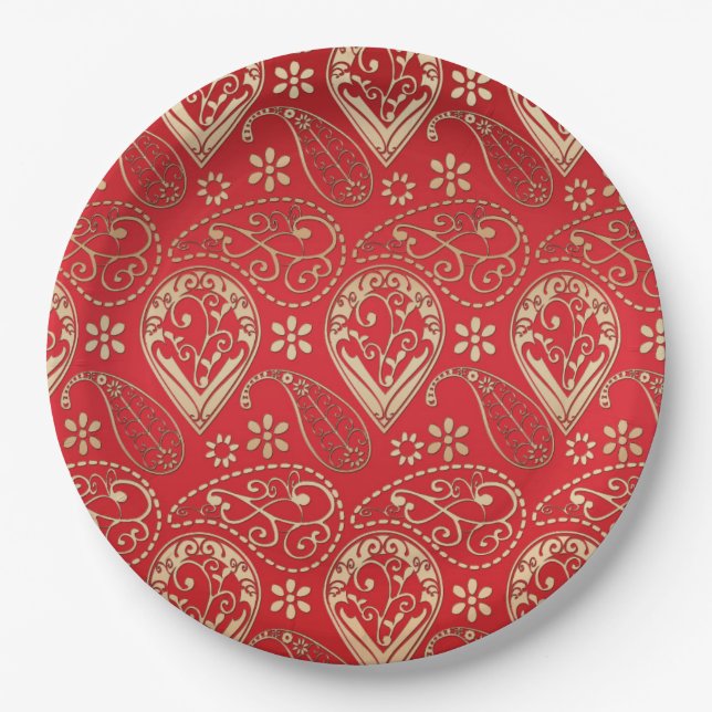 Assiettes En Carton Motif Red Gold Paisley Bandana (Devant)