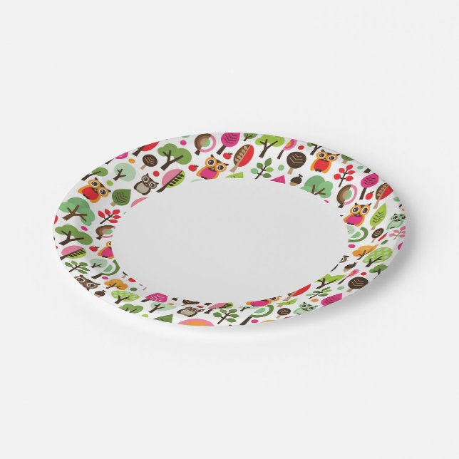 Assiettes En Carton motif rétro-hibou des feuilles roses (Angle)