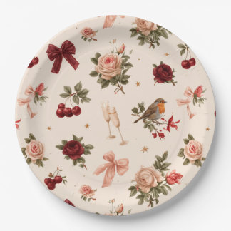 Assiettes En Carton Motif romantique avec roses, oiseau et champagne