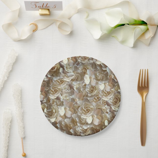 Assiettes En Carton Motif Rose d'Ivoire – Art Floral Élégant (Mariage)