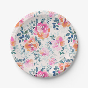 Assiettes En Carton Motif rose et Turquoise
