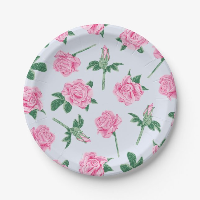 Assiettes En Carton Motif Rose peint rose et vert (Devant)