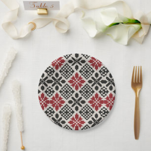 Assiettes En Carton Motif rouge noir blanc géométrique folk