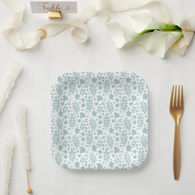 Assiettes En Carton Motif Rpt Feuille tombé Turquoise en blanc (Mariage)