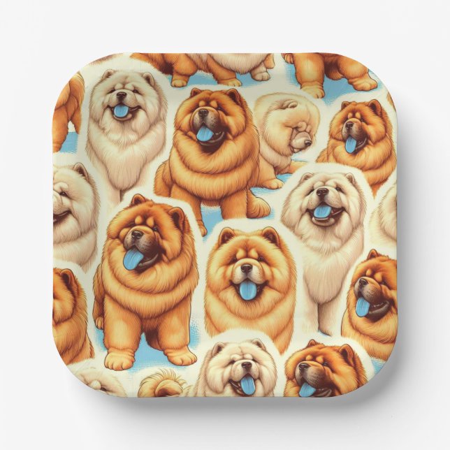 Assiettes En Carton Motif sans couture de Chow-Chow Retro (Recto)