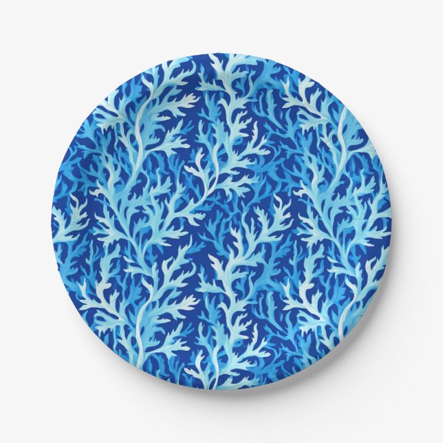 Assiettes En Carton Motif textile du littoral d'algues bleues (Devant)