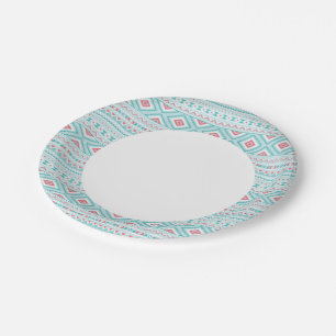 Assiettes En Carton Motif tribal Aztec Turquoise et rose