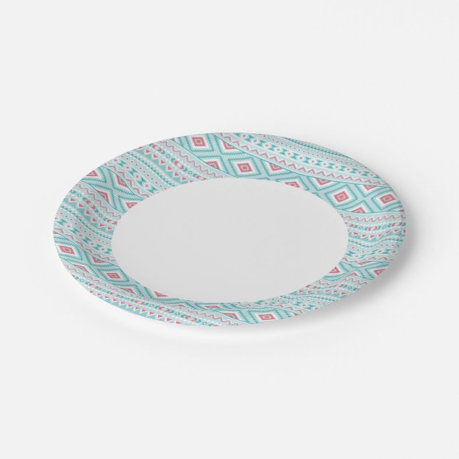 Assiettes En Carton Motif tribal Aztec Turquoise et rose (Angle)