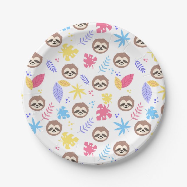 Assiettes En Carton Motif tropical de paresse et de feuille (Devant)