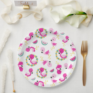 Assiettes En Carton Motif tropical, Flamants roses, pastèques, Fleurs