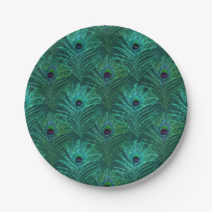 Assiettes En Carton Motif vert en plumes de paon d'oiseau paon