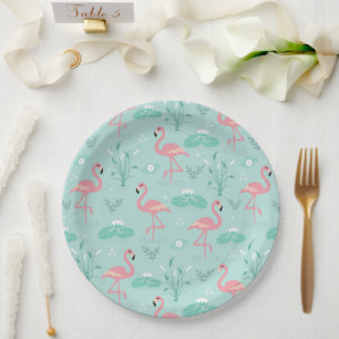 Assiettes En Carton Motif vert Flamants roses rose Pastel