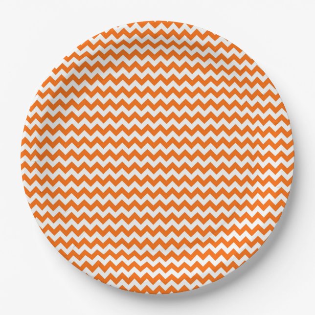 Assiettes En Carton Motif Zigzag Orange et Blanc Chevron (Devant)