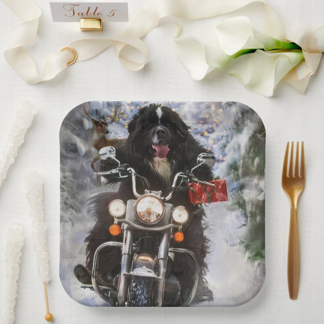 Assiettes En Carton Moto à chiens de Terre-Neuve Noël (Mariage)