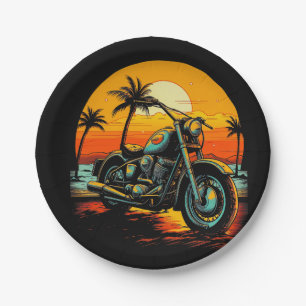 Assiettes En Carton moto-est garée-plage-avec-palmiers