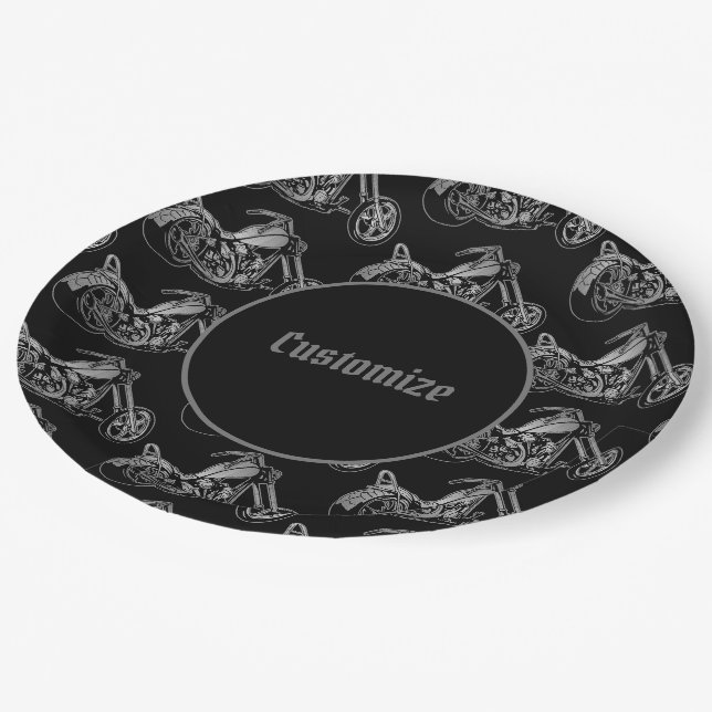 Assiettes En Carton Moto Noir Et Argent (Angle)