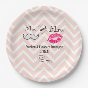 Assiettes En Carton Moustache & Lèvres M. & Mme Peach Chevron Mariage