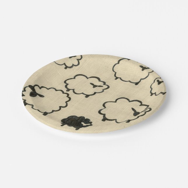 Assiettes En Carton Mouton blanc et noir sur Arrière - plan crème (Angle)