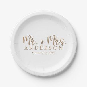 Assiettes En Carton MR. & MRS. Gold Script Typographie Moderne Minimal