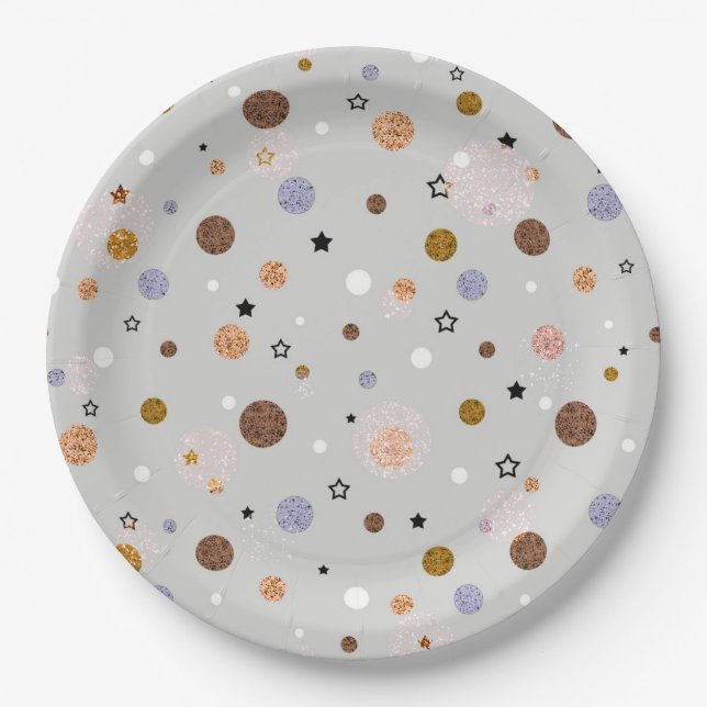Assiettes En Carton Multicolored polka dots on gray. (Devant)