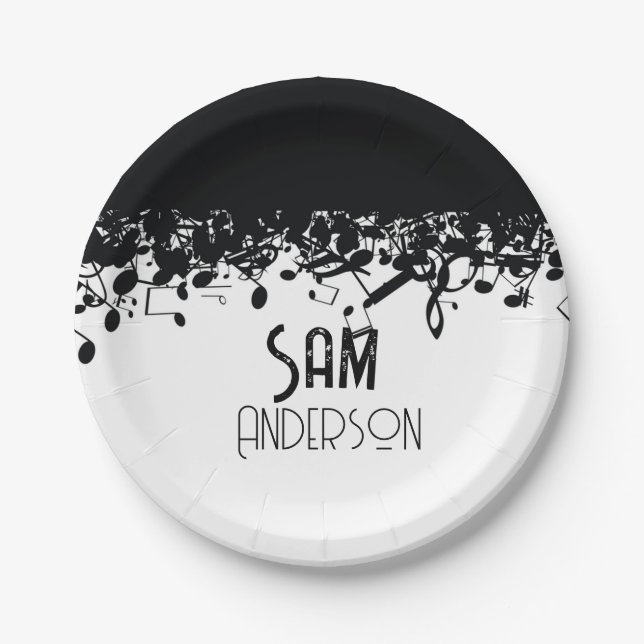 Assiettes En Carton Music Note Luxe noir et blanc Personnalisé (Devant)