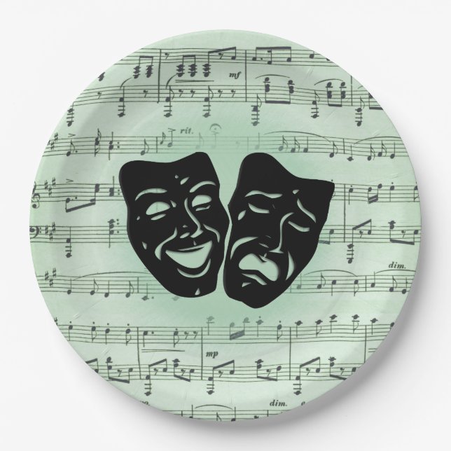 Assiettes En Carton Musique verte et masques grecs de théâtre (Devant)