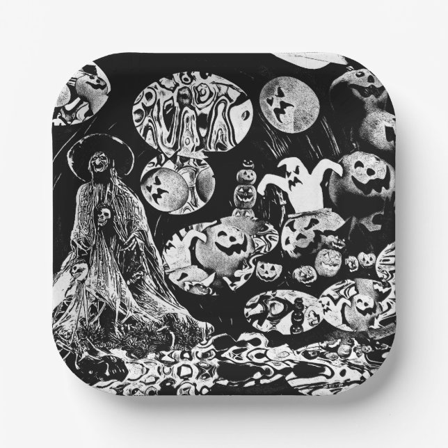 Assiettes En Carton My Super Halloween black and white (Recto)