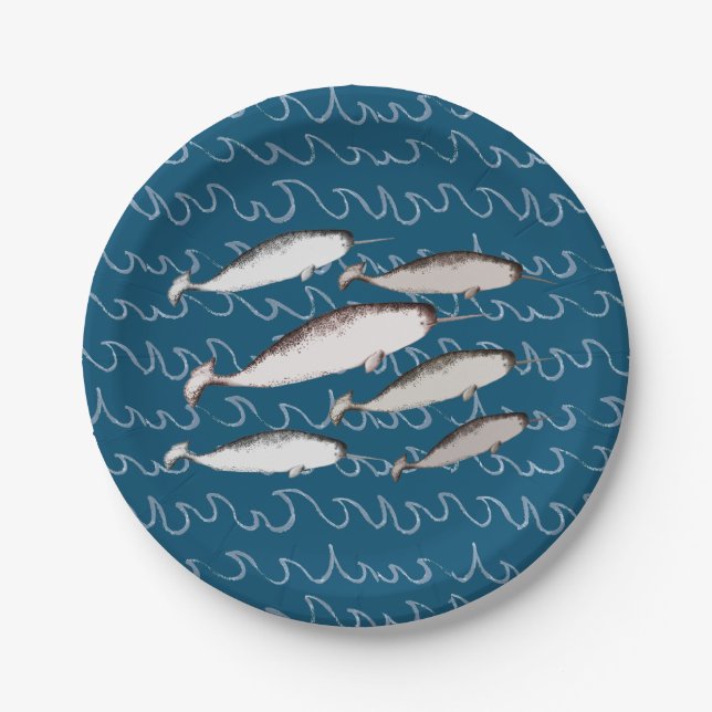 Assiettes En Carton Narwhals nager Vagues Dessin Motif Baleine Bleu (Devant)