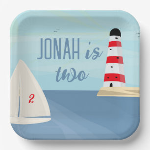 Assiettes En Carton Nautique, bateau, phare, anniversaire bleu