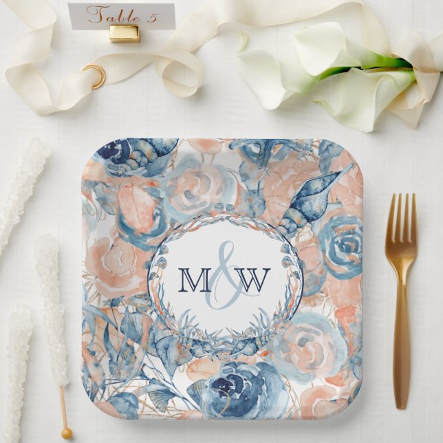 Assiettes En Carton Nautique Mariage Beach Sea Shell et Roses, (Mariage)